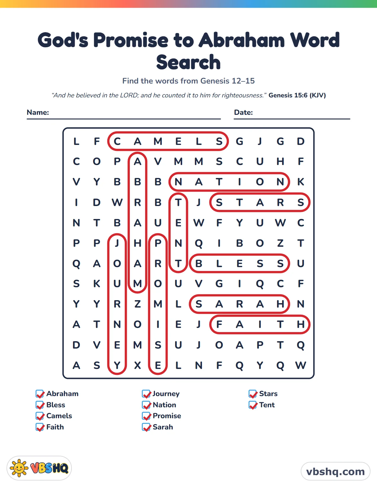 God's Promise to Abraham Word Search, completed