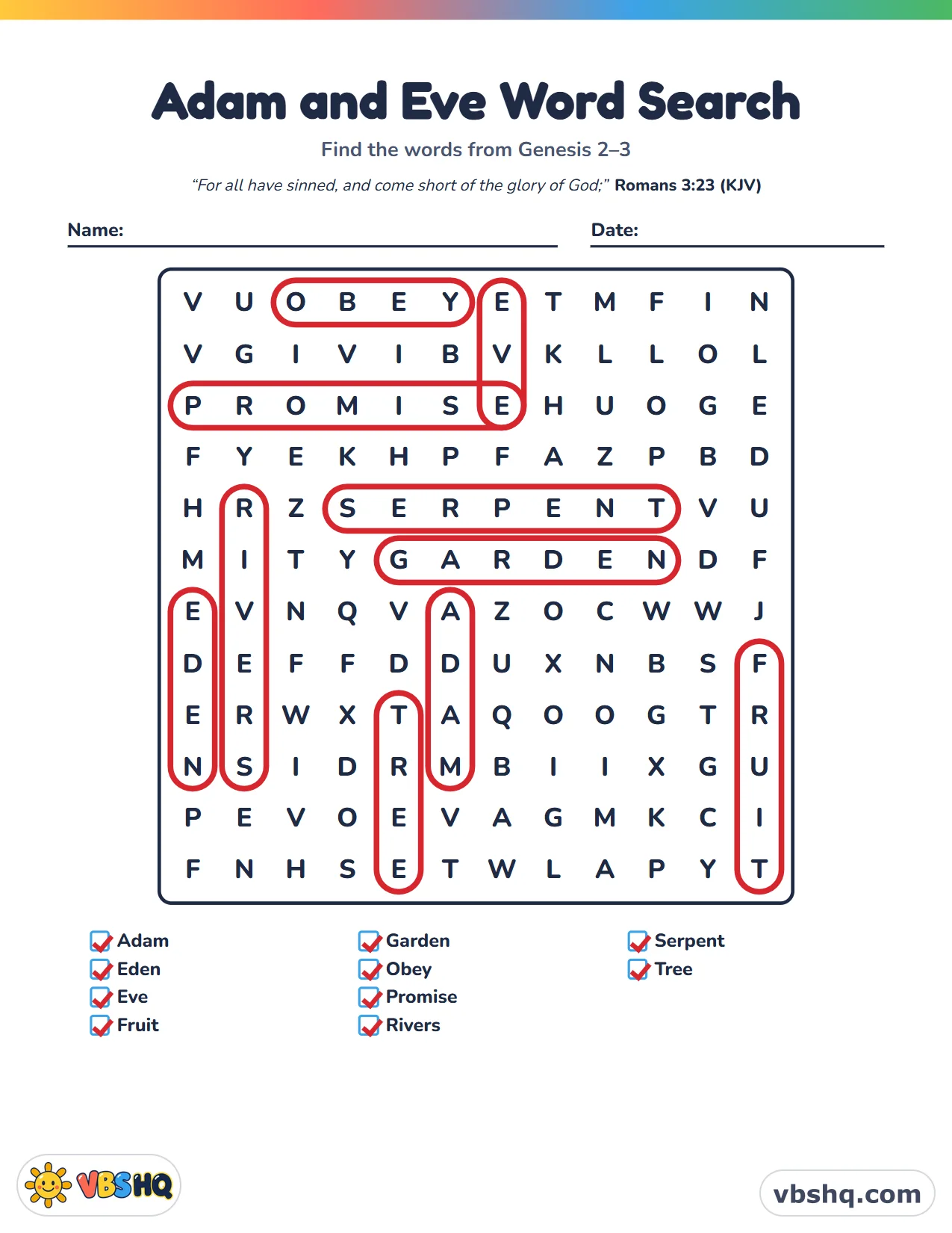 Adam and Eve Word Search, completed