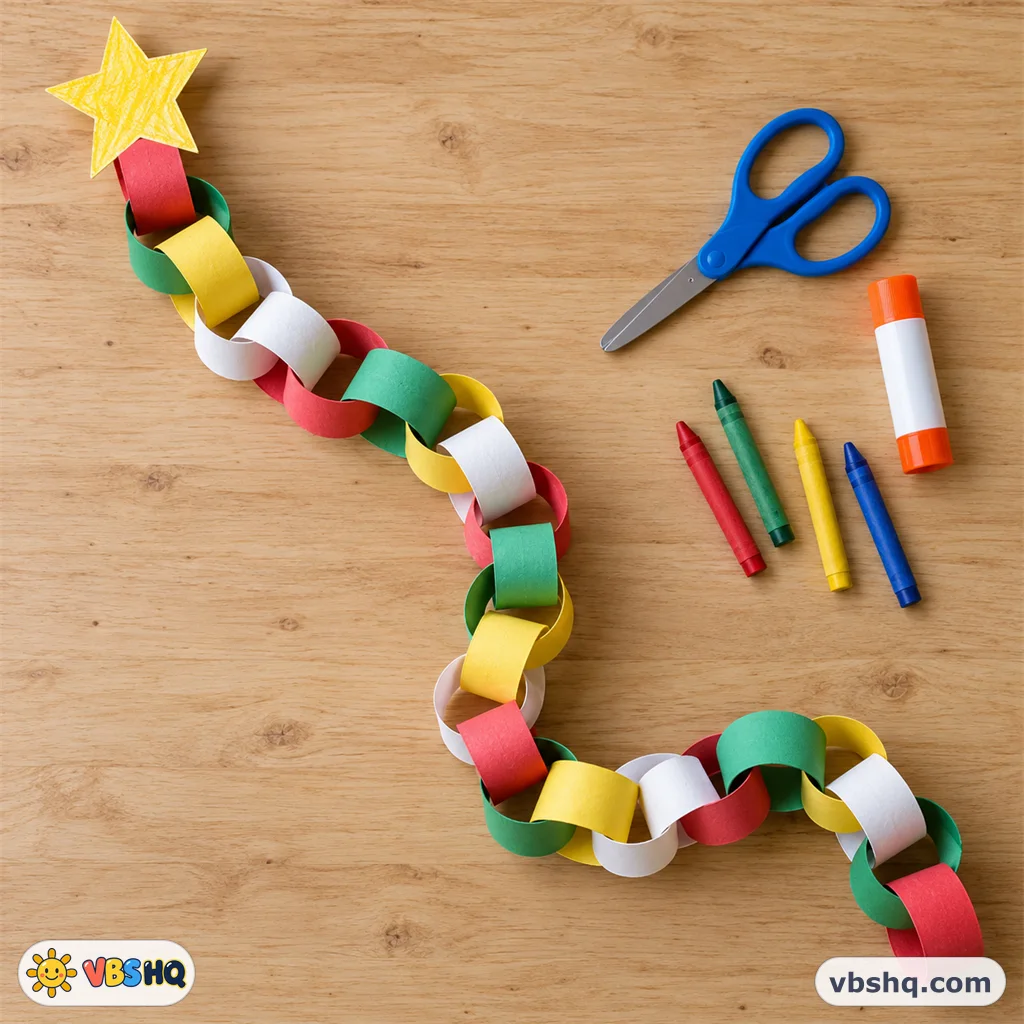 A finished Advent countdown chain: red, green, yellow and white paper loops with a yellow paper star at the top, on a wooden table with scissors, a glue stick and crayons