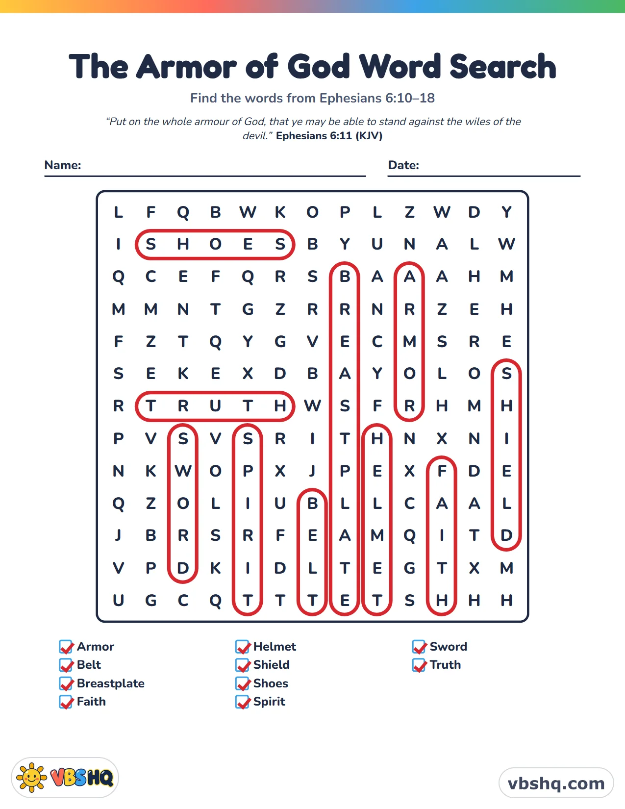 The Armor of God Word Search, completed