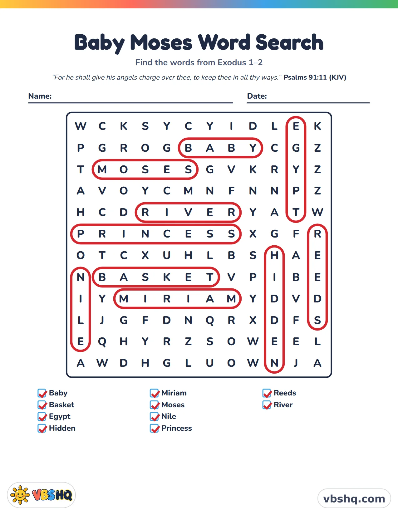 Baby Moses Word Search, completed
