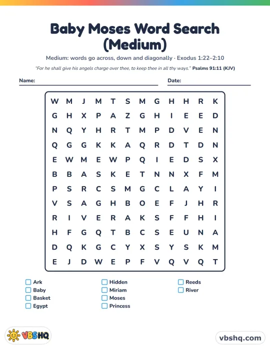Baby Moses Word Search (Easy, Medium and Hard)