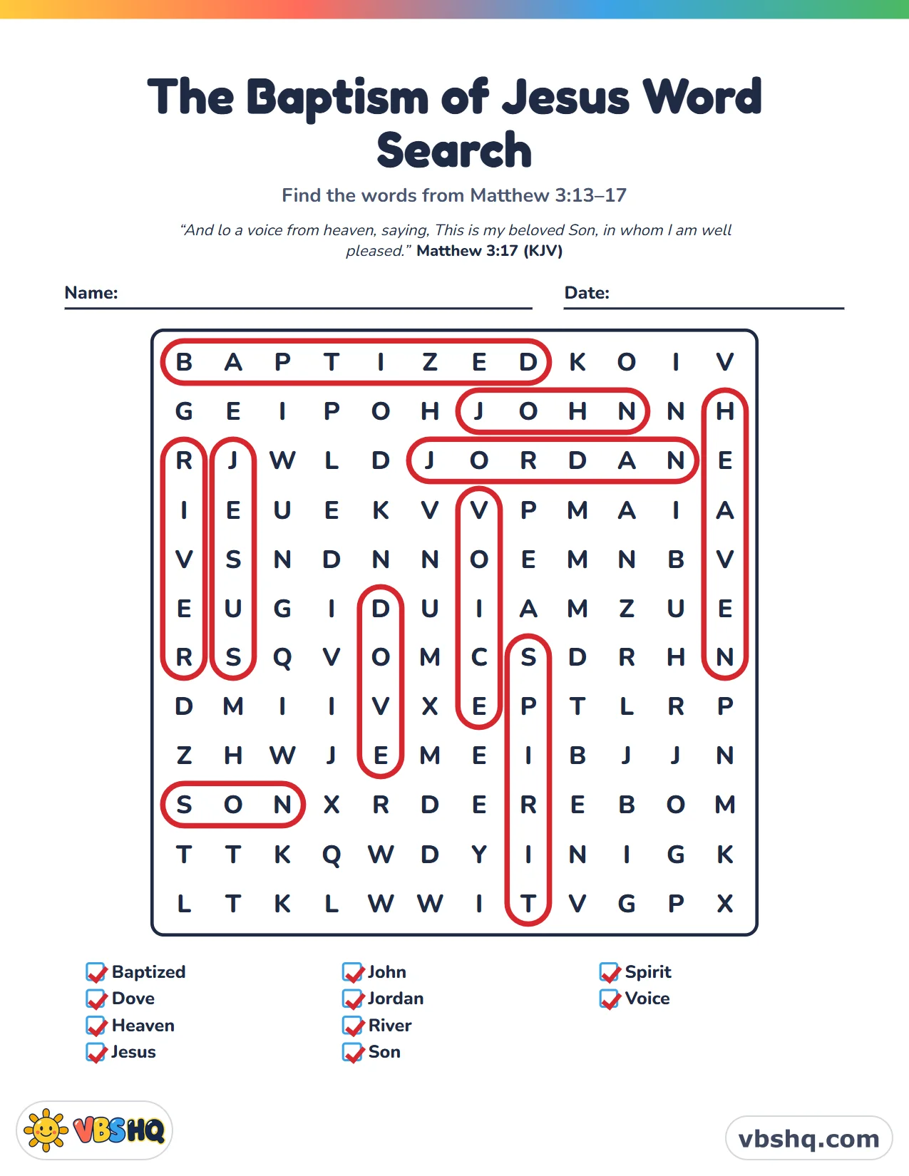 The Baptism of Jesus Word Search, completed