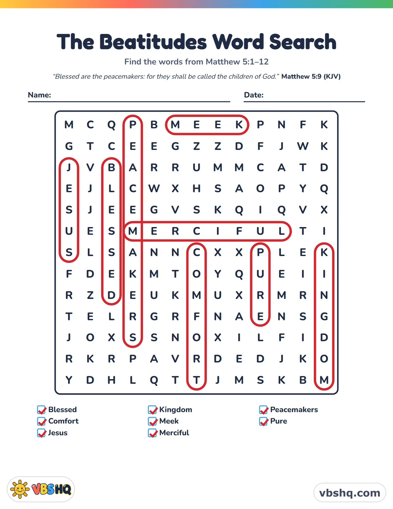The Beatitudes Word Search, completed