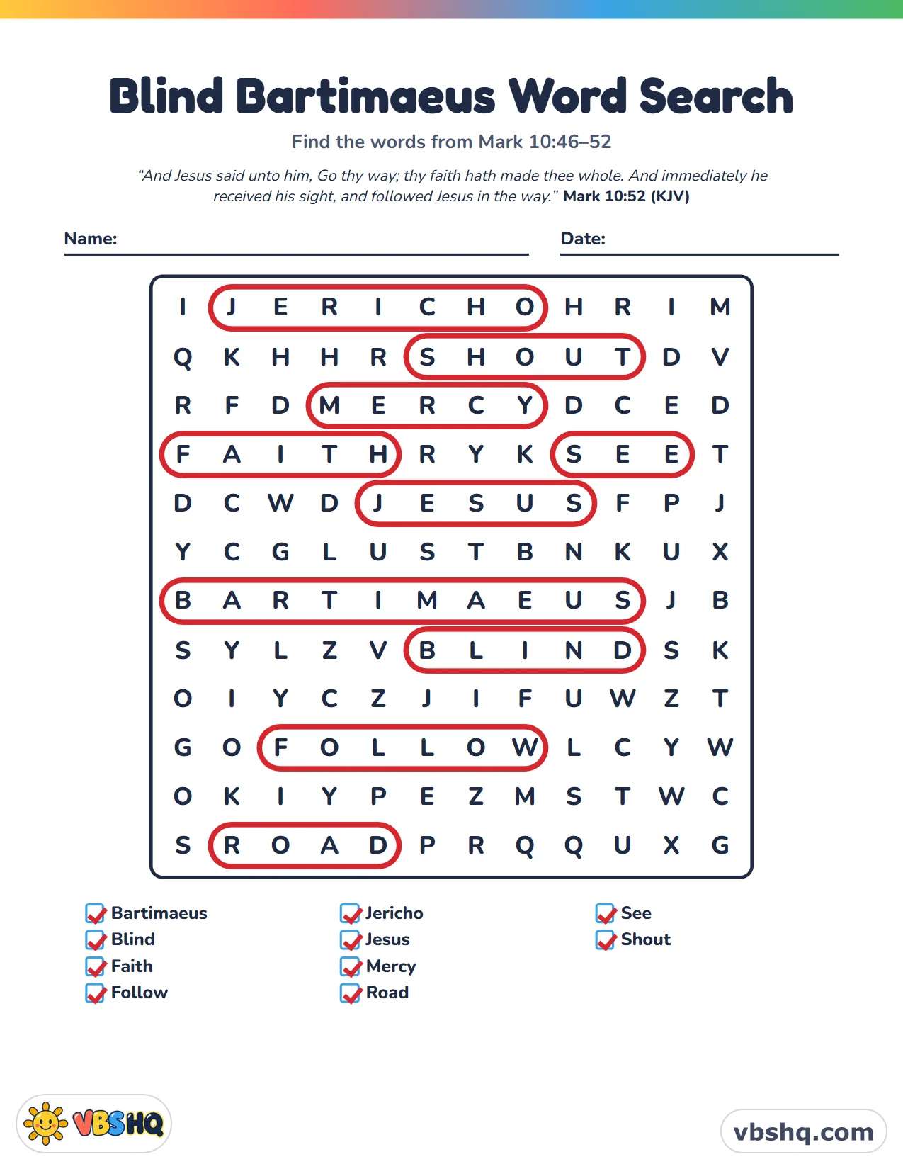 Blind Bartimaeus Word Search, completed