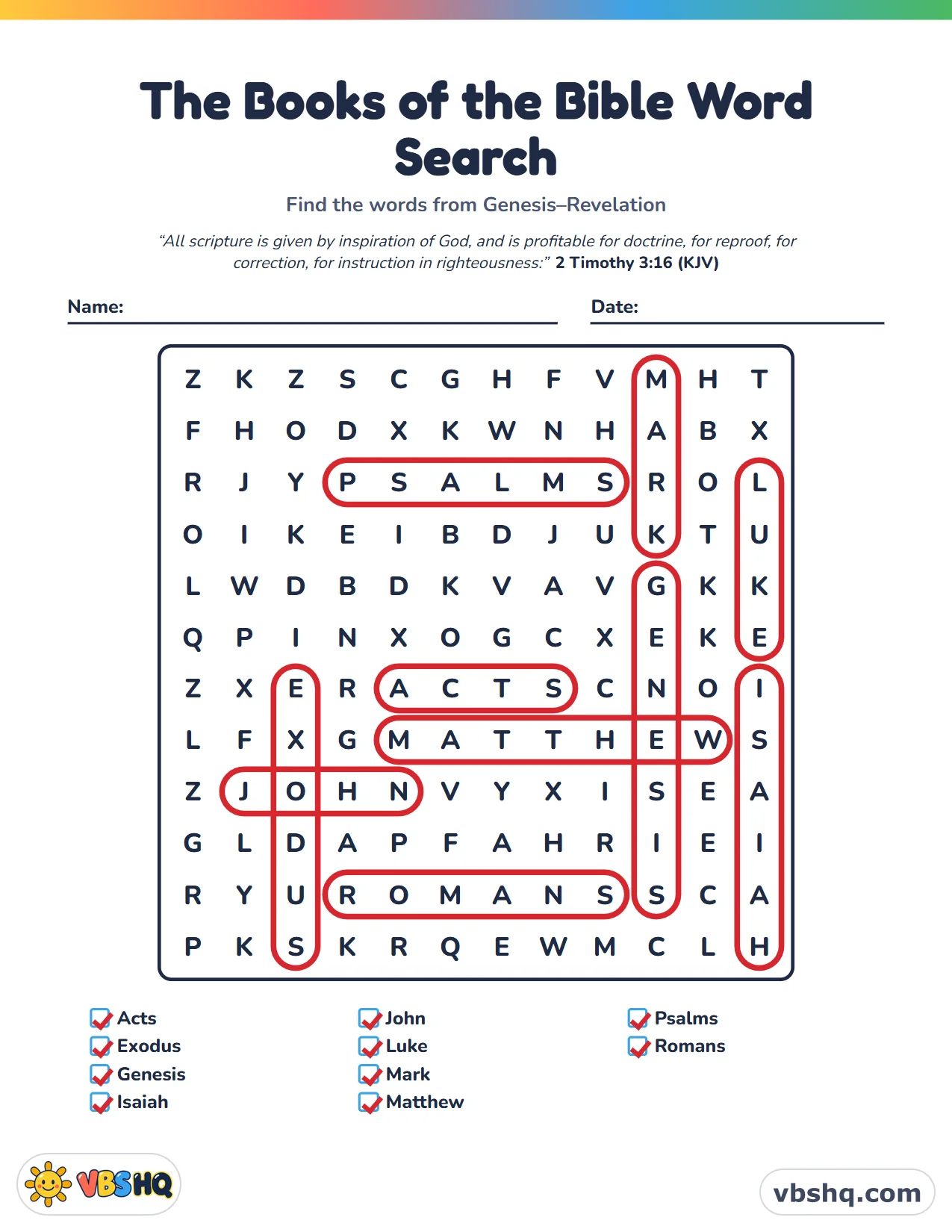 The Books of the Bible Word Search, completed