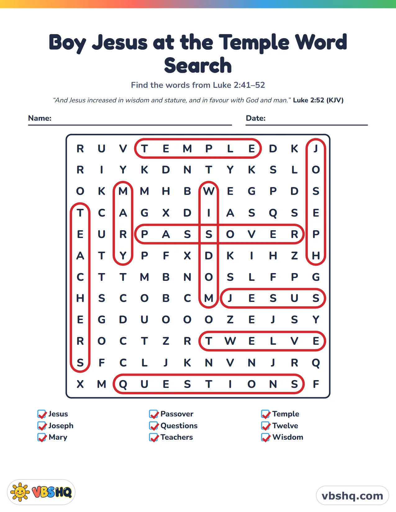 Boy Jesus at the Temple Word Search, completed