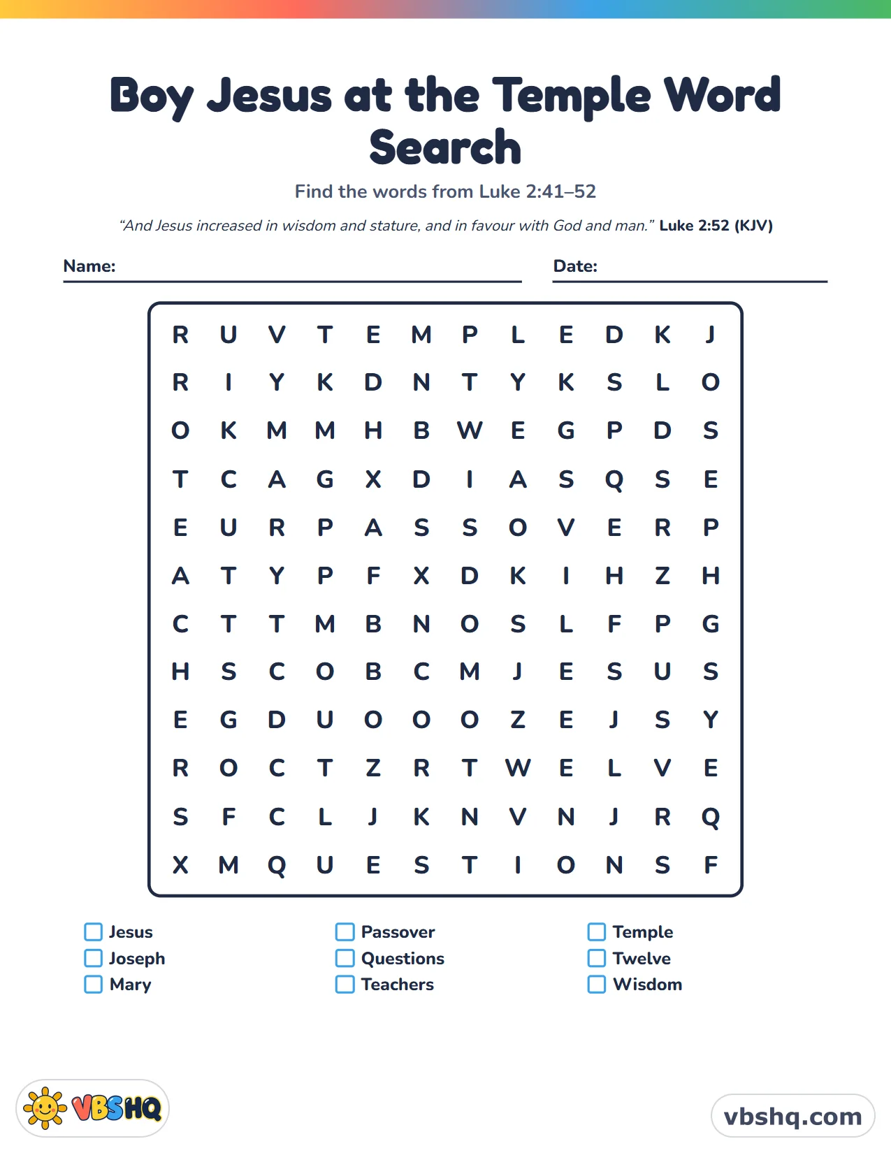 Boy Jesus at the Temple Word Search