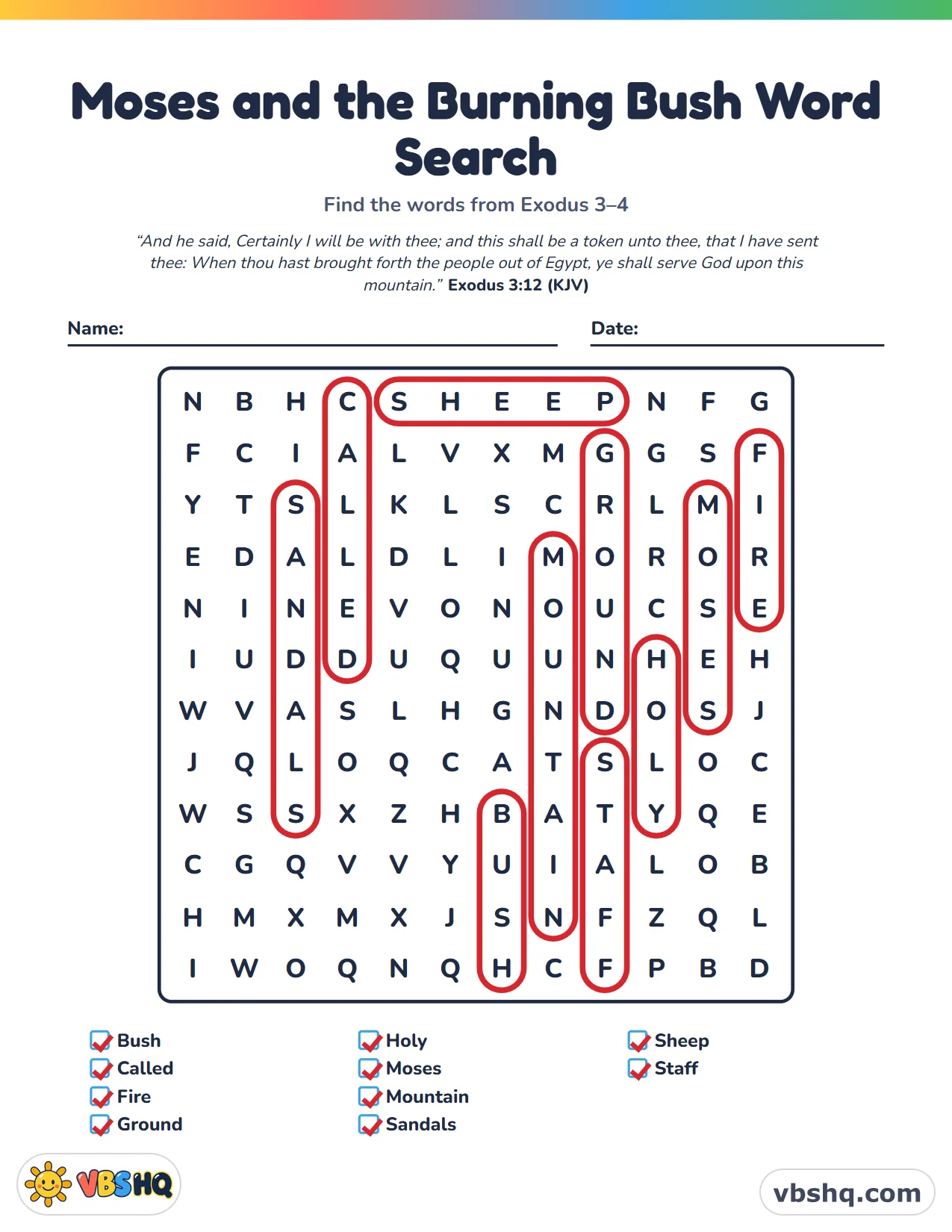 Moses and the Burning Bush Word Search, completed