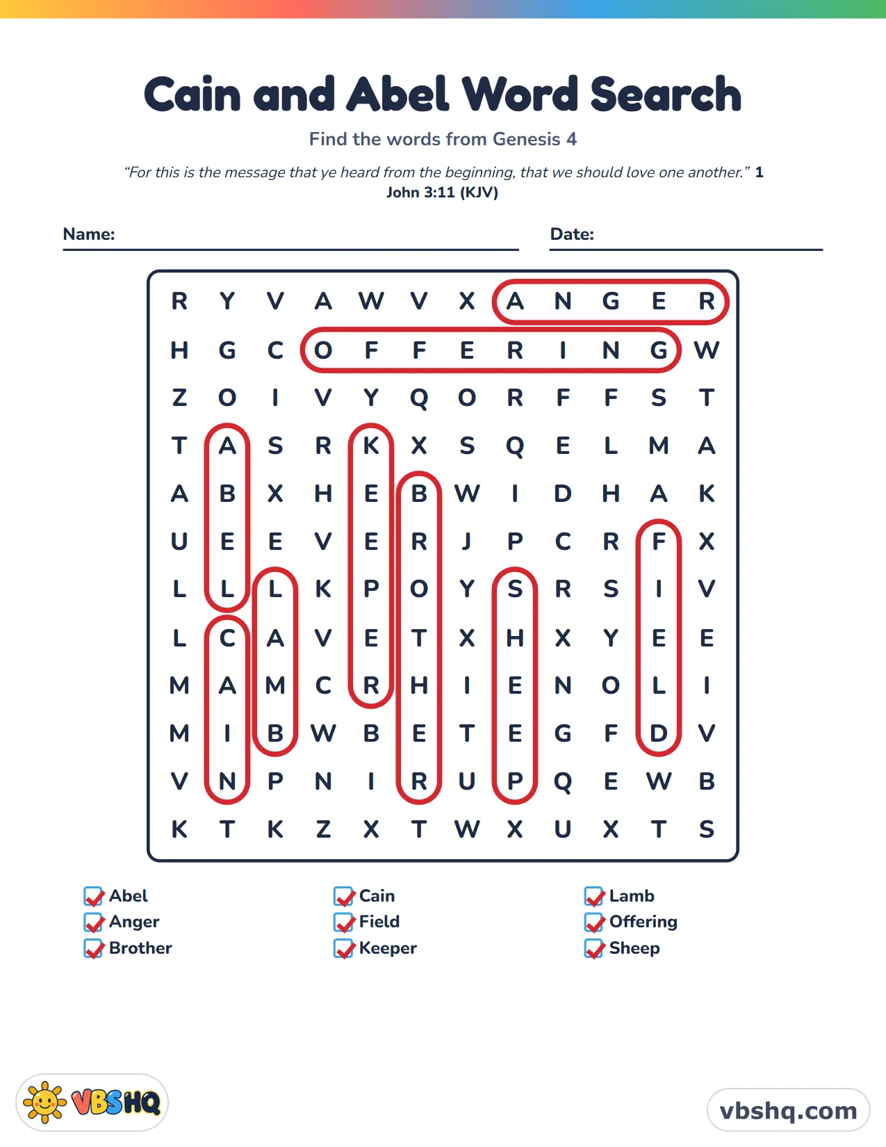 Cain and Abel Word Search, completed