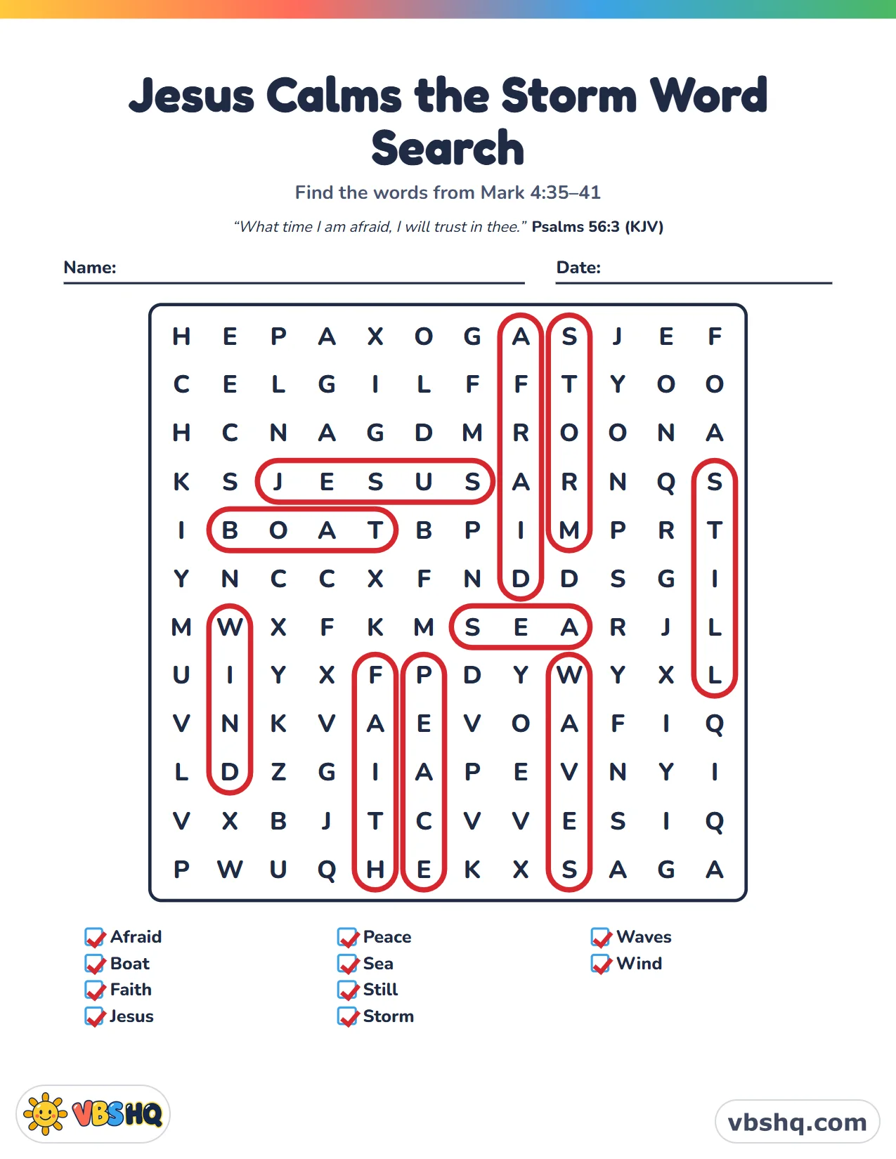 Jesus Calms the Storm Word Search, completed