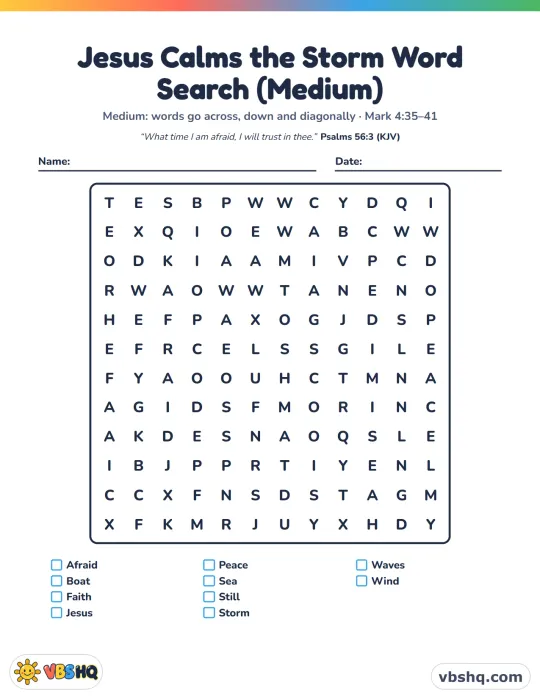 Jesus Calms the Storm Word Search (Easy, Medium and Hard)