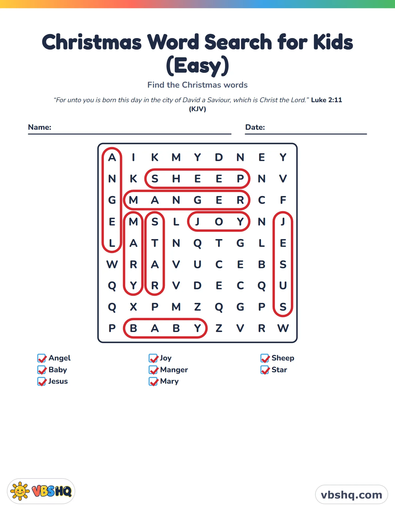 Christmas Word Search for Kids (Easy), completed