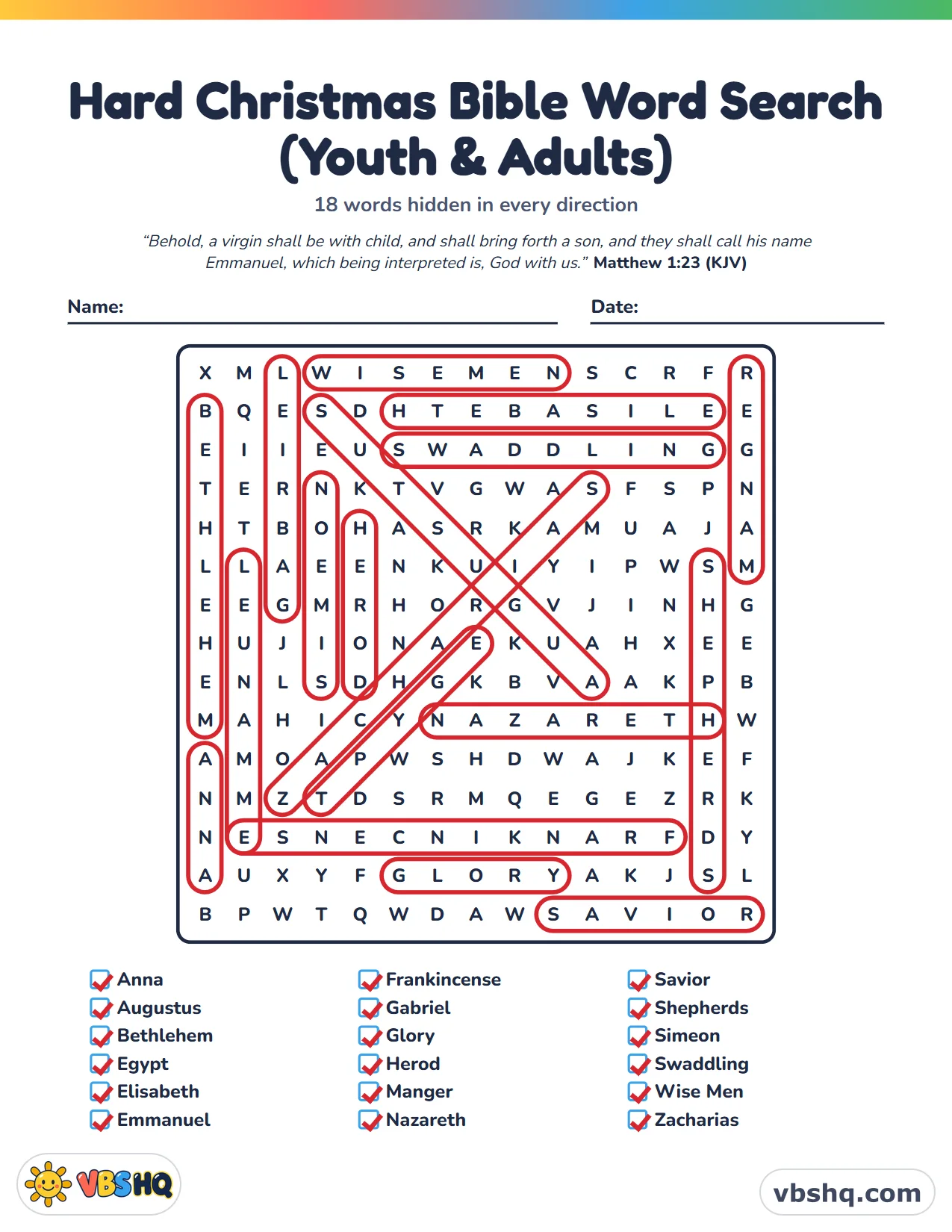 Hard Christmas Bible Word Search (Youth & Adults), completed