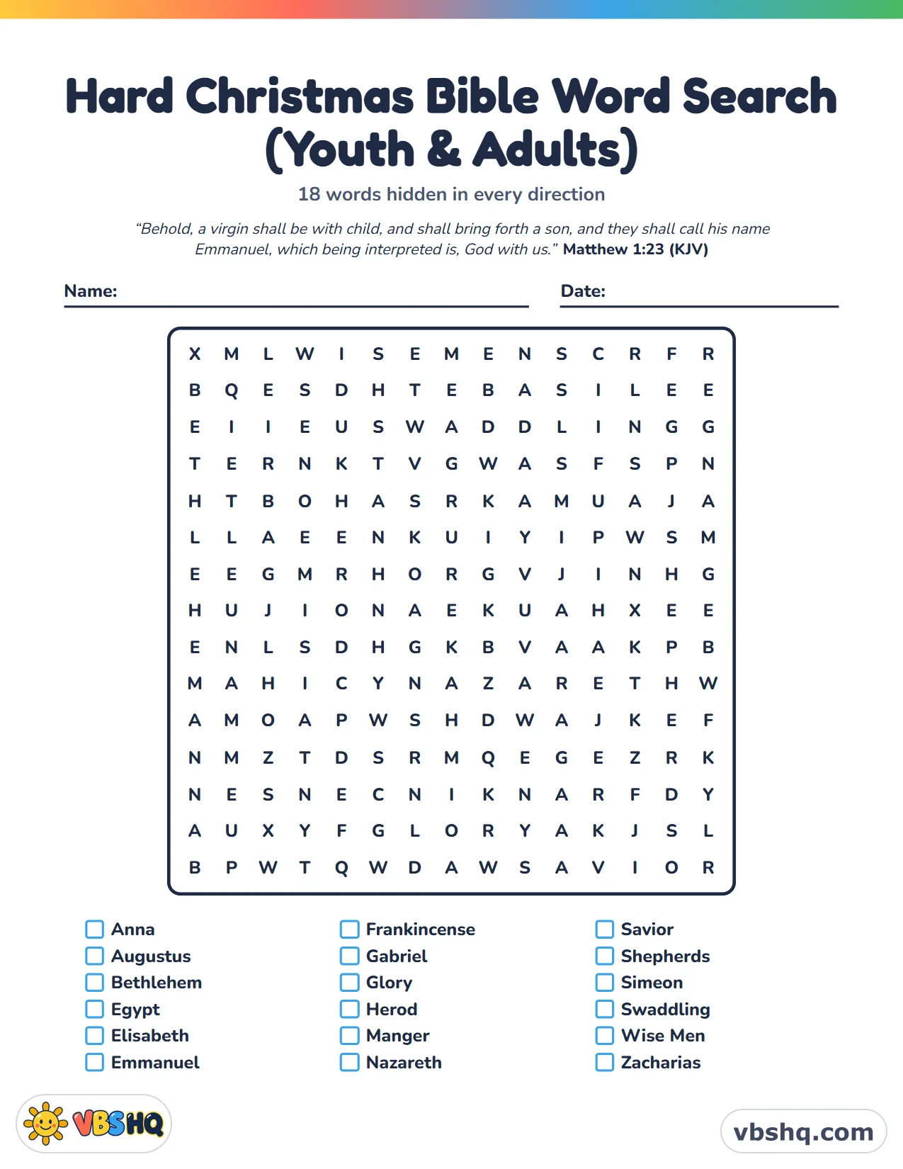 Hard Christmas Bible Word Search (Youth & Adults)