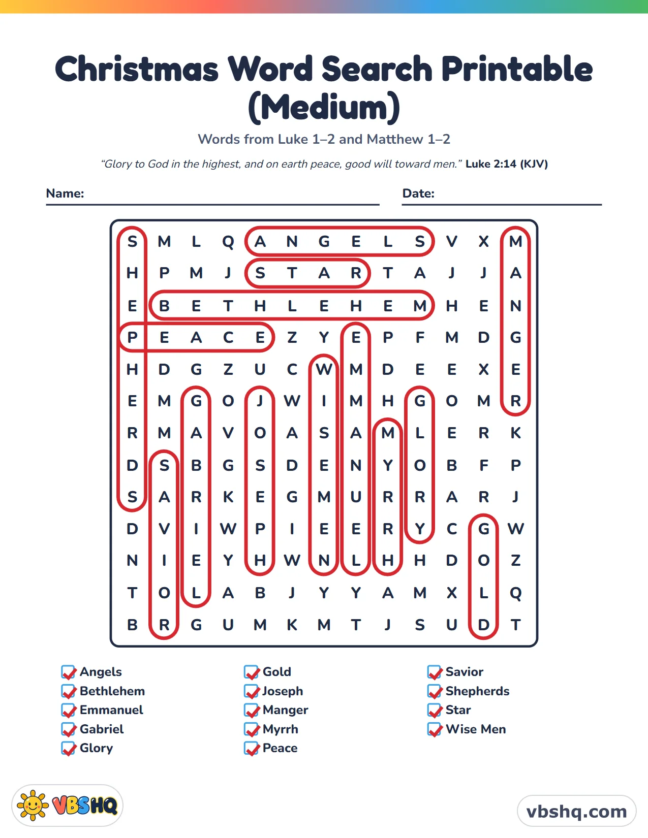 Christmas Word Search Printable (Medium), completed