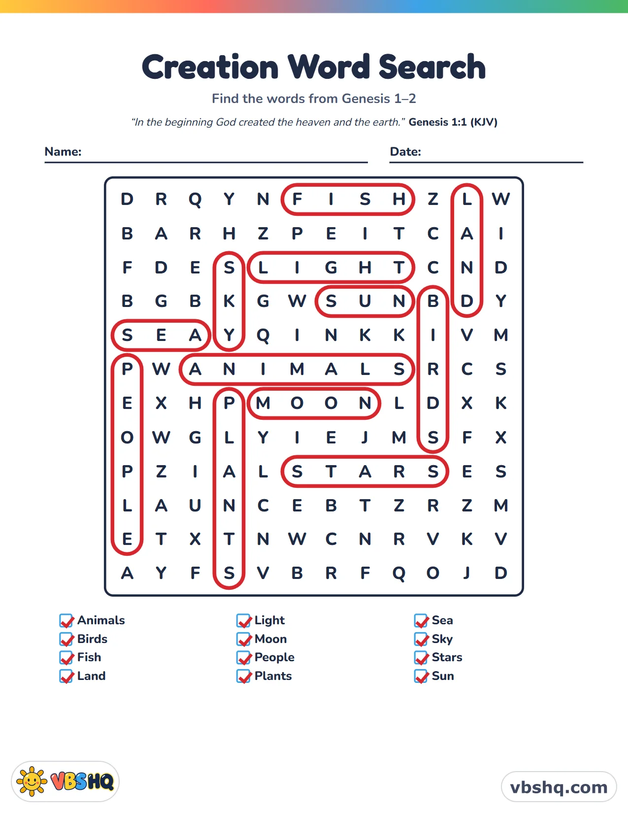 Creation Word Search, completed