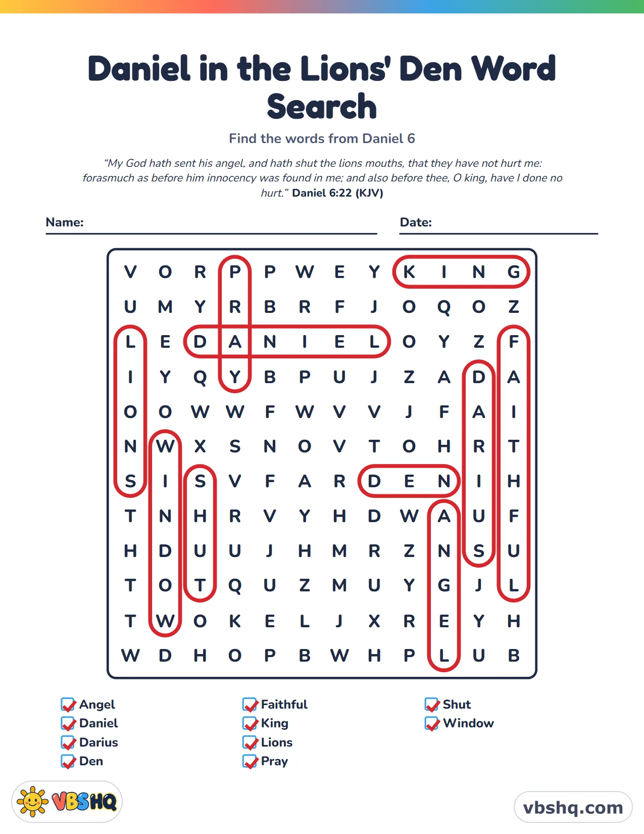 Daniel in the Lions' Den Word Search, completed