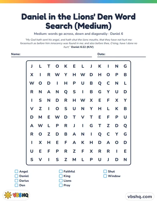 Daniel in the Lions' Den Word Search (Easy, Medium and Hard)