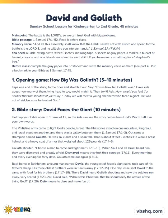 David and Goliath Sunday School Lesson for Kids