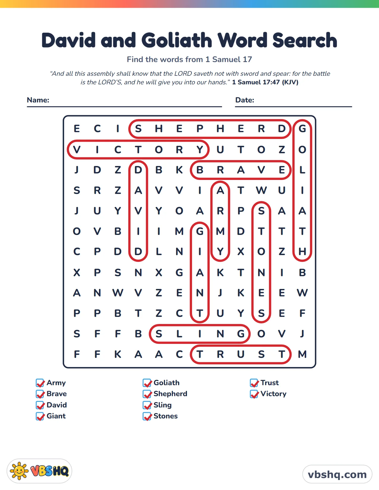 David and Goliath Word Search, completed