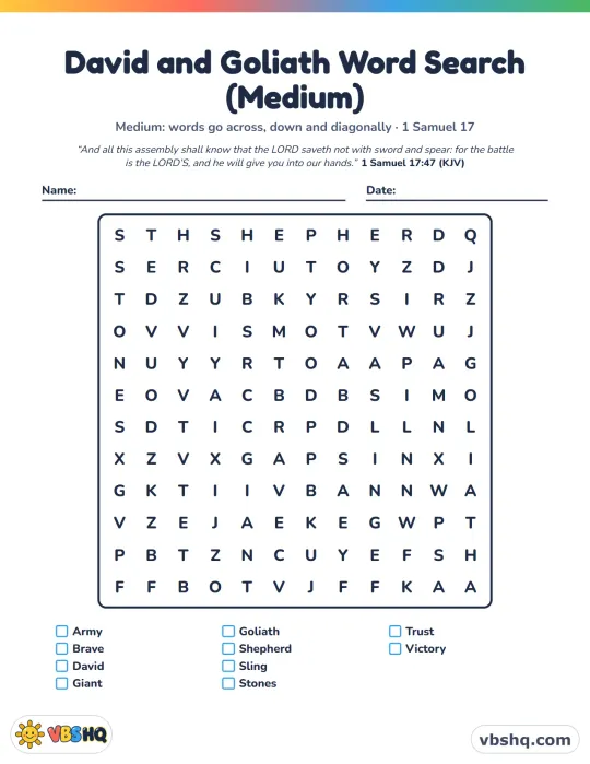 David and Goliath Word Search (Easy, Medium and Hard)