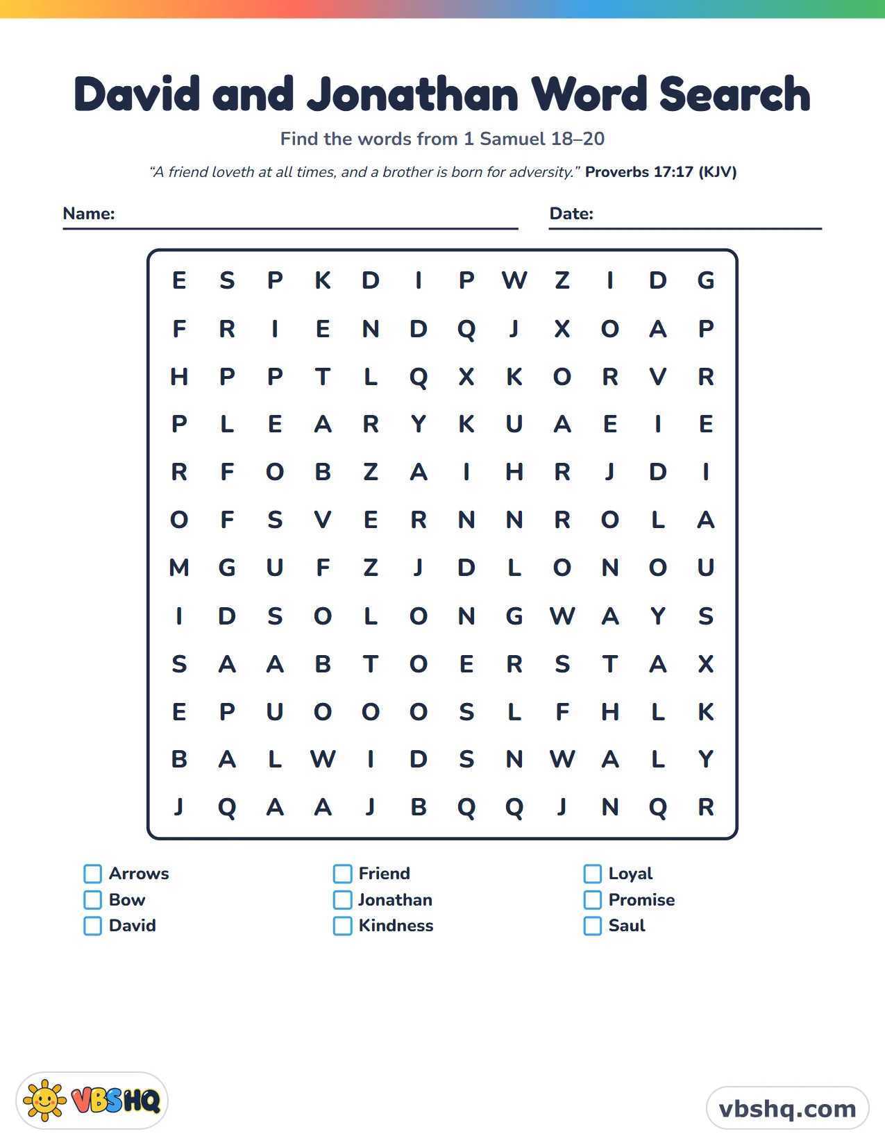 David and Jonathan Word Search