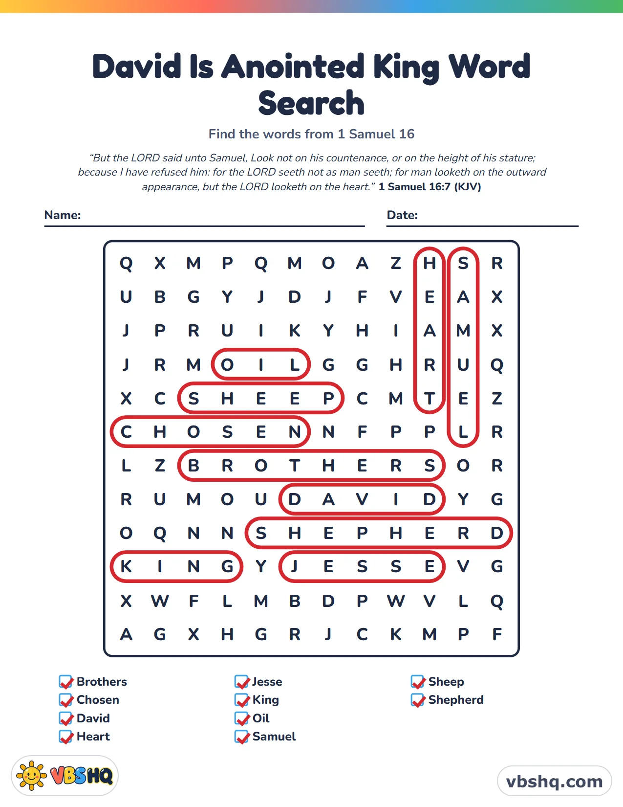 David Is Anointed King Word Search, completed