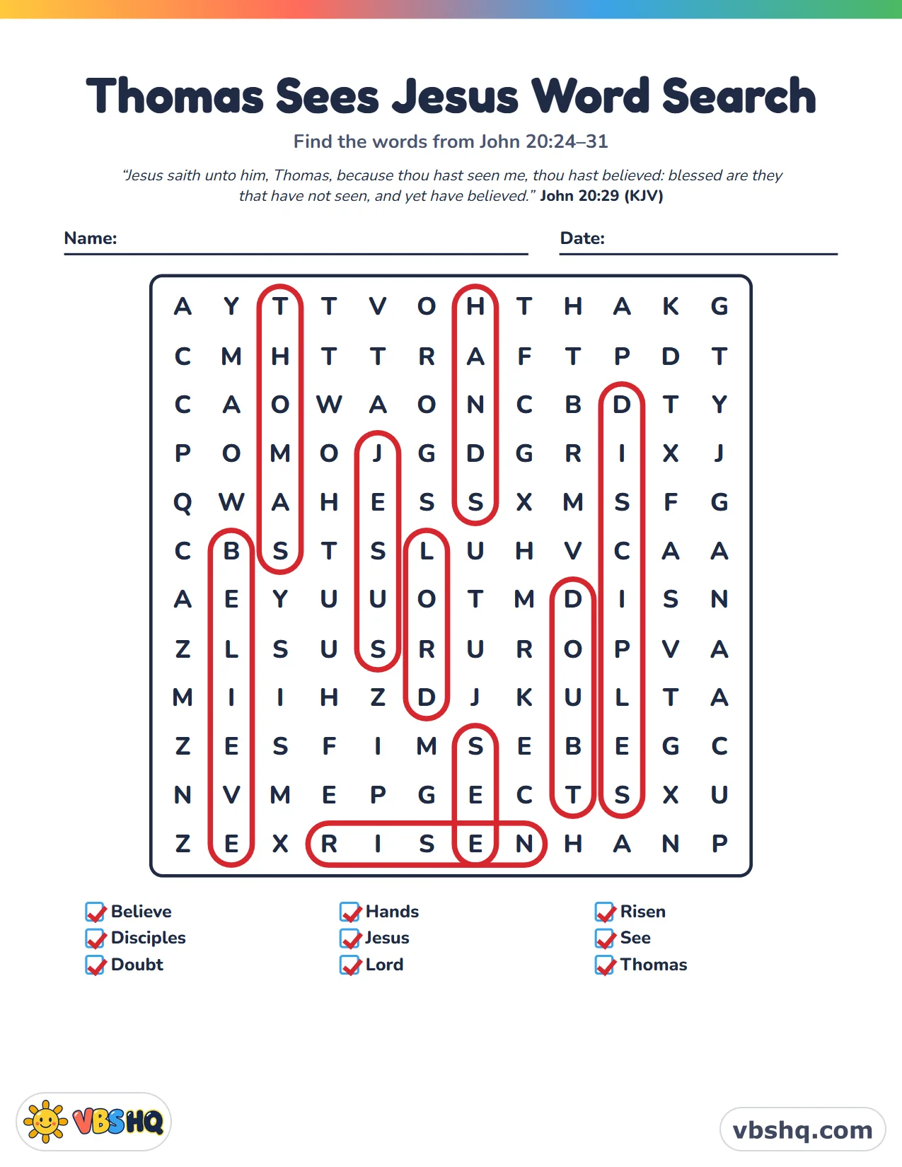 Thomas Sees Jesus Word Search, completed