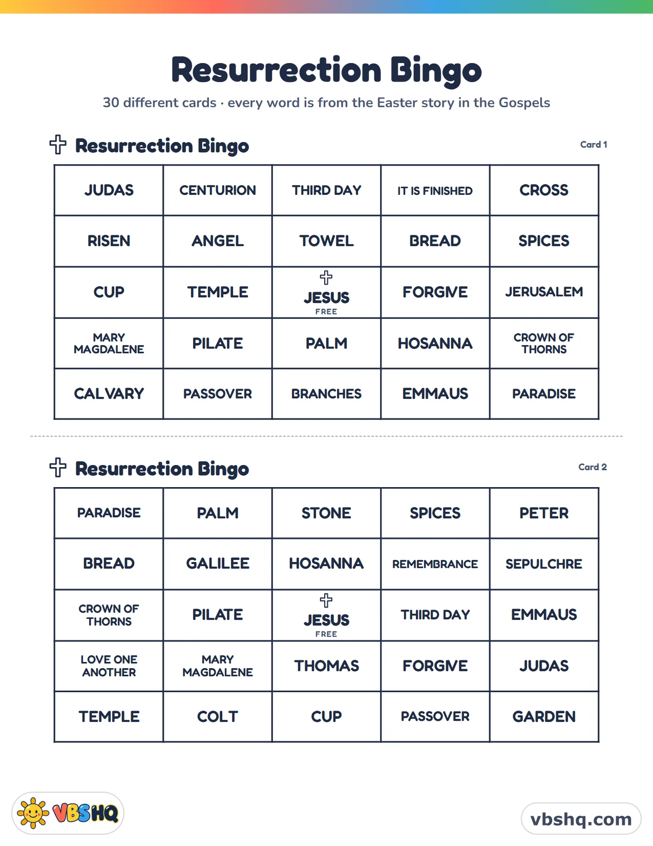 Resurrection Games: Easter Bible Bingo for Kids (30 Cards)
