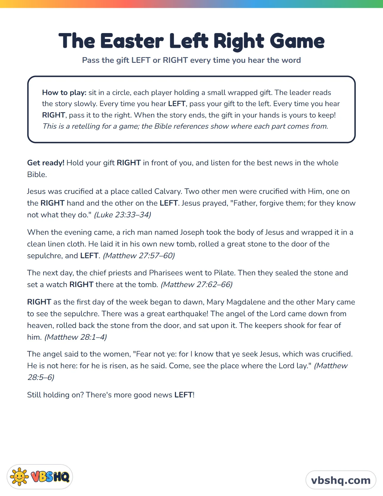 Left Right Bible Easter Game (Free Printable Resurrection Story)