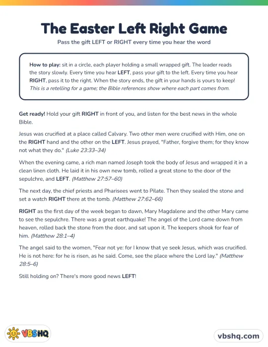 Left Right Bible Easter Game (Free Printable Resurrection Story)