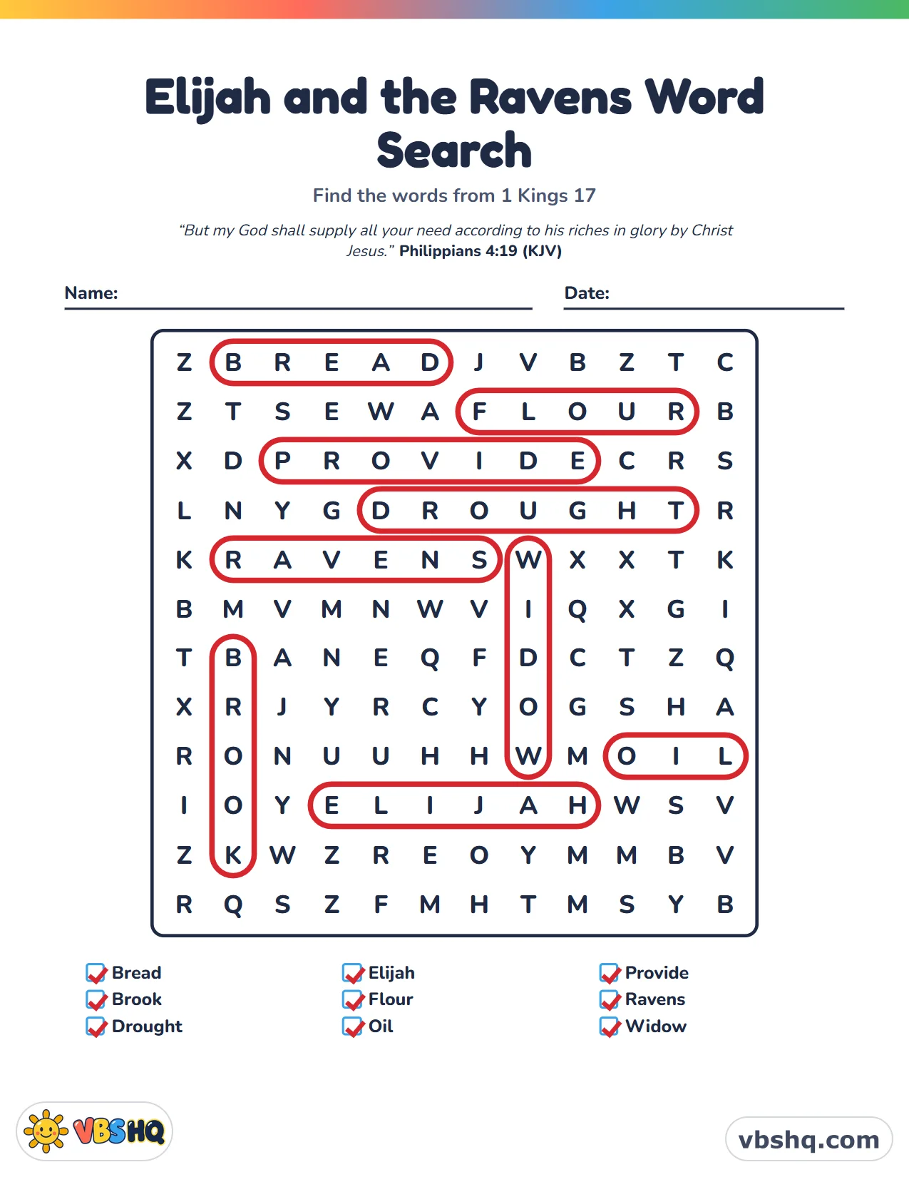 Elijah and the Ravens Word Search, completed