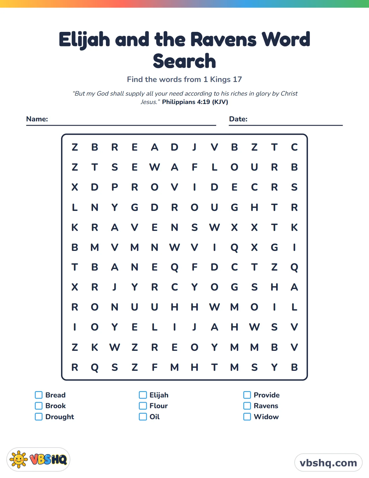 Elijah and the Ravens Word Search