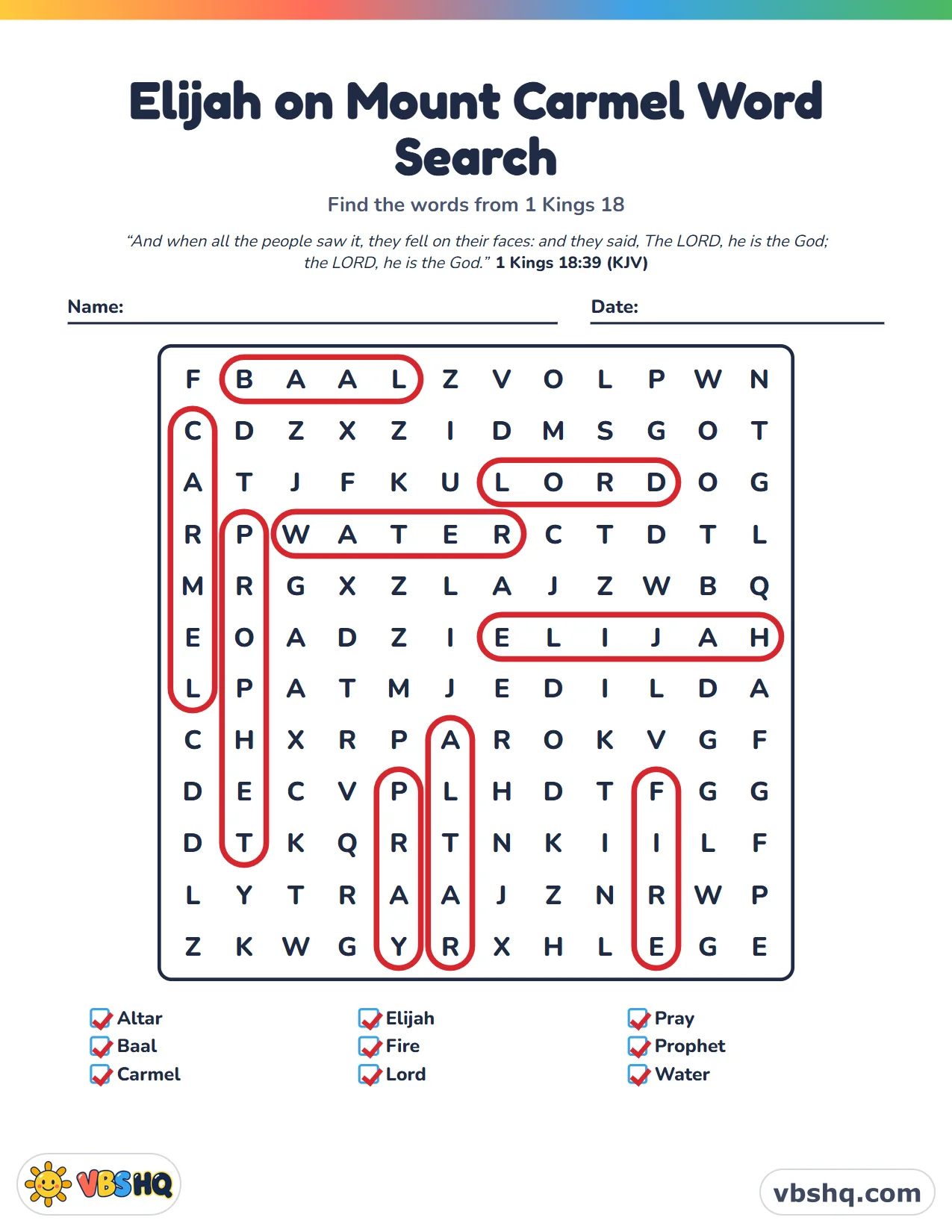 Elijah on Mount Carmel Word Search, completed