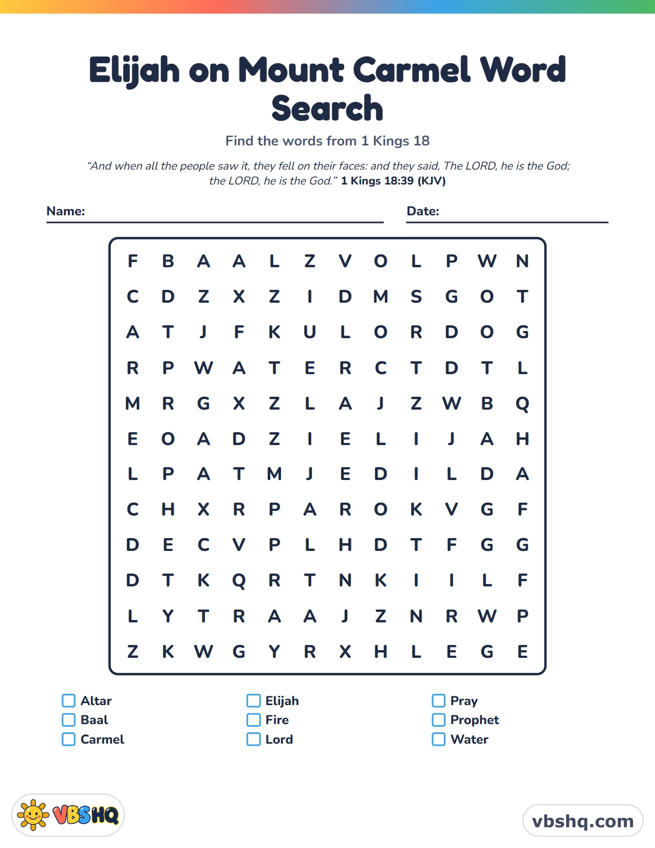 Elijah on Mount Carmel Word Search