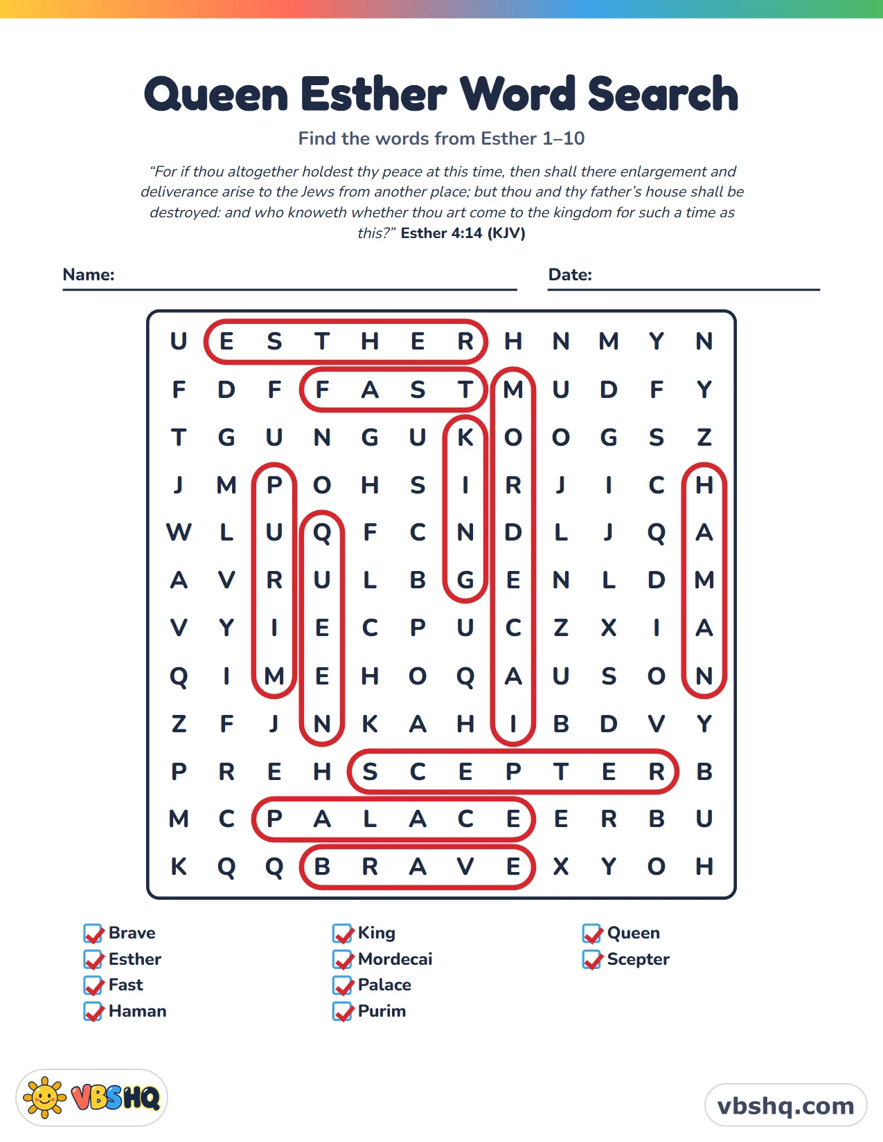 Queen Esther Word Search, completed
