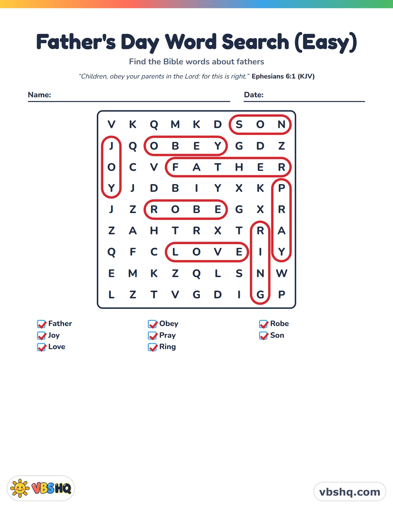 Father's Day Bible Word Search (Easy, Medium and Hard), completed