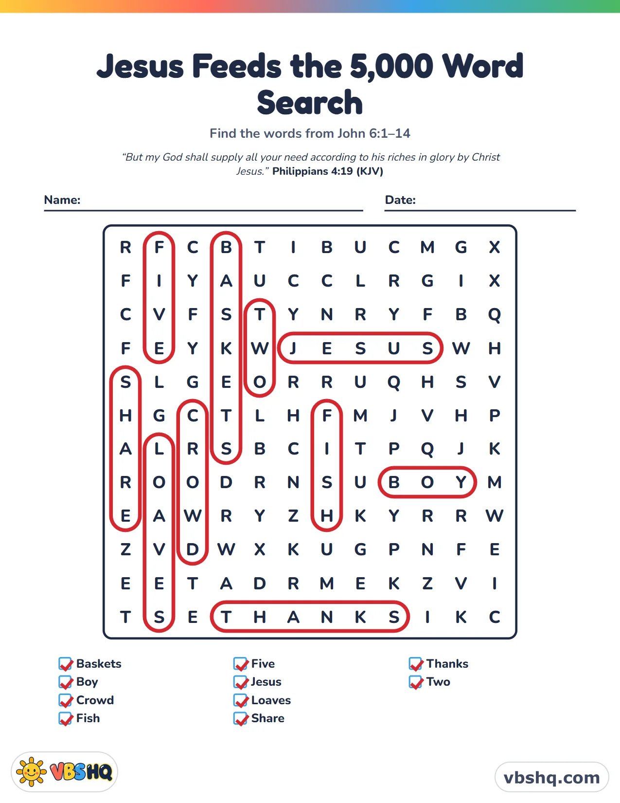 Jesus Feeds the 5,000 Word Search, completed