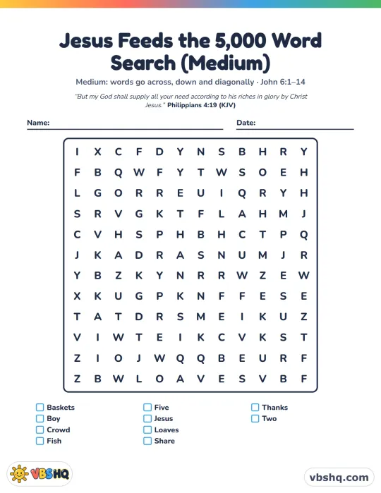 Jesus Feeds the 5,000 Word Search (Easy, Medium and Hard)