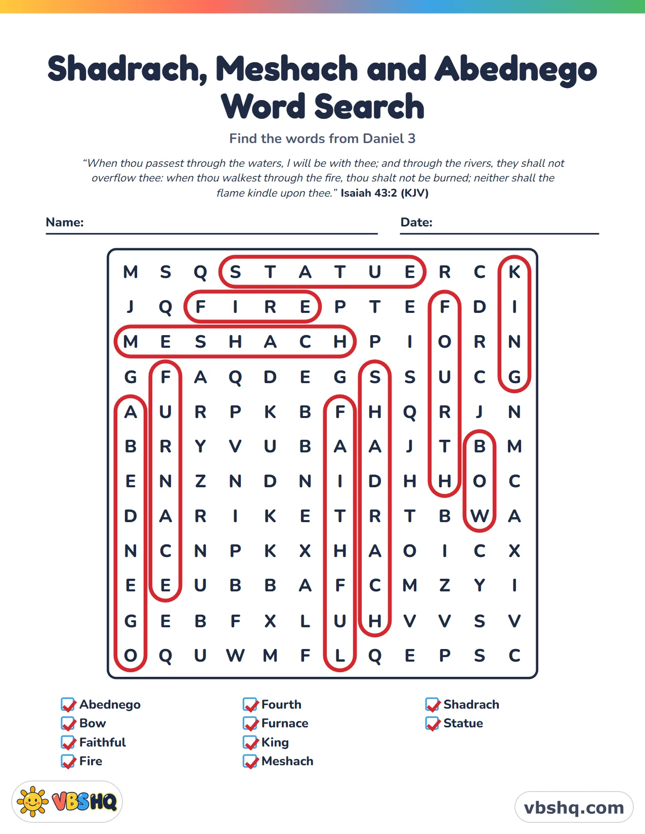 Shadrach, Meshach and Abednego Word Search, completed
