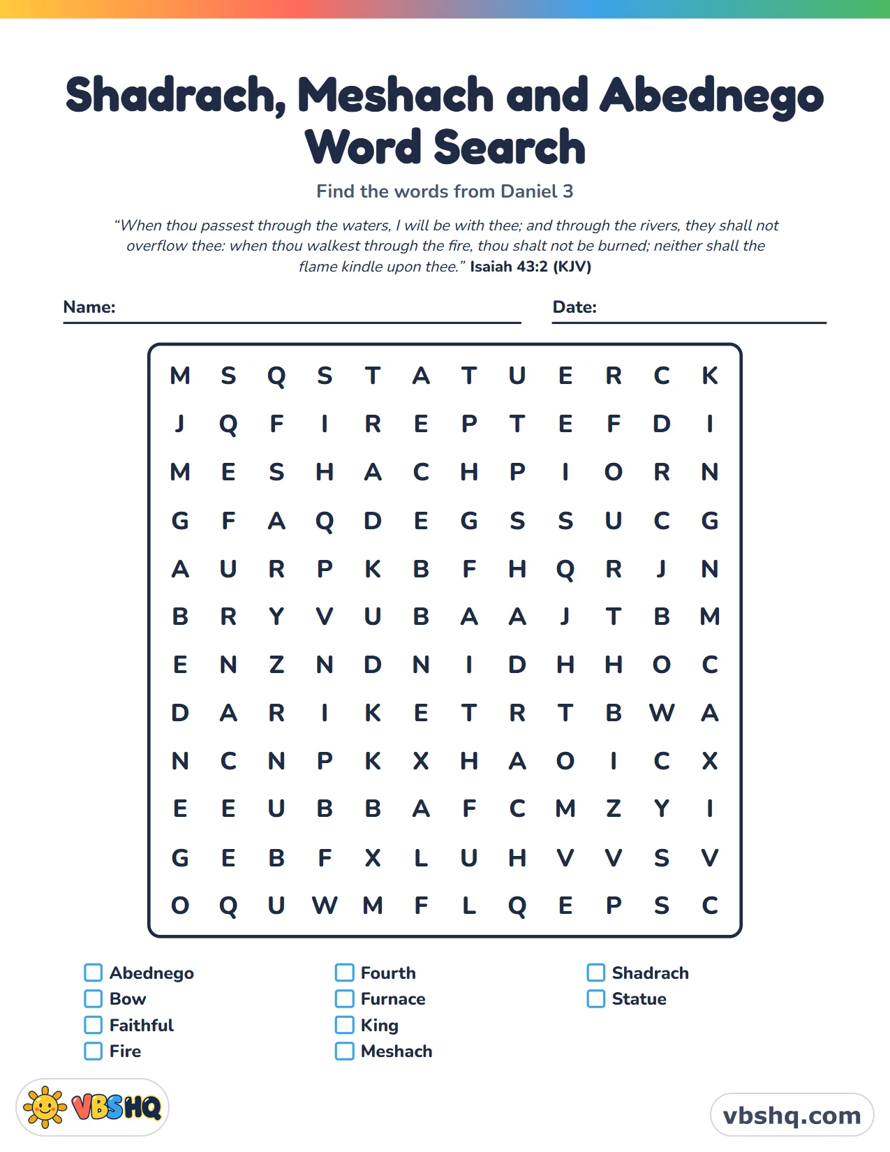 Shadrach, Meshach and Abednego Word Search