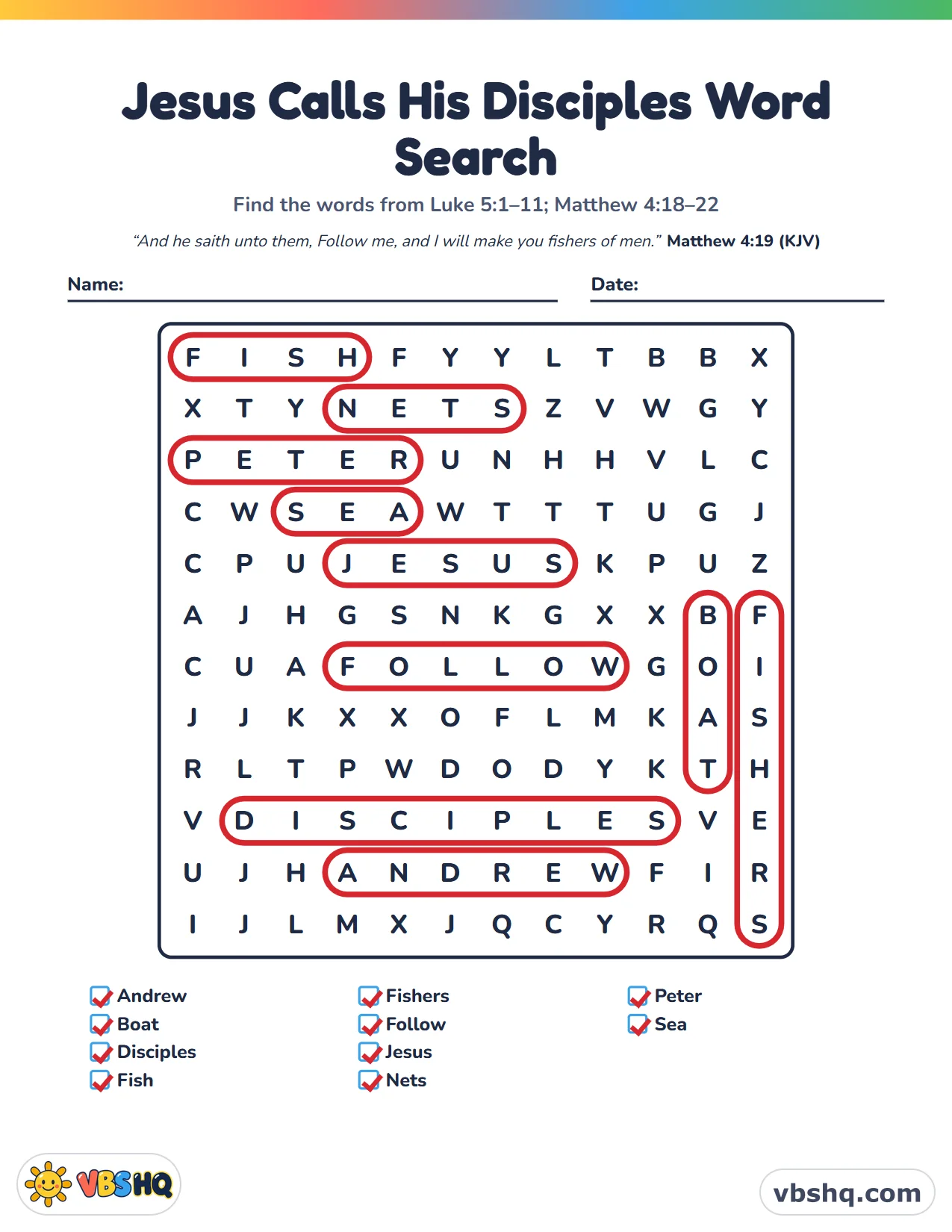 Jesus Calls His Disciples Word Search, completed