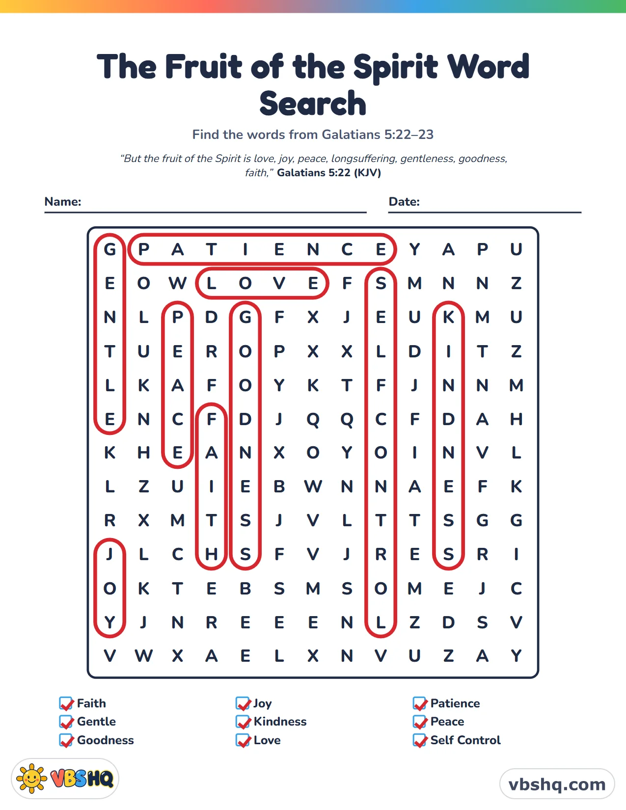 The Fruit of the Spirit Word Search, completed