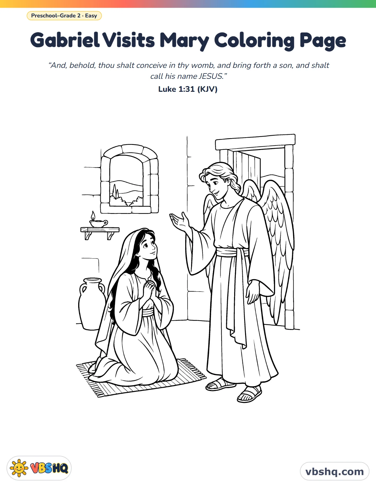 Angel Gabriel Visits Mary Coloring Page (Free Printable)