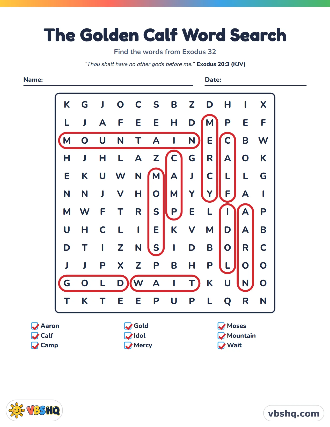 The Golden Calf Word Search, completed