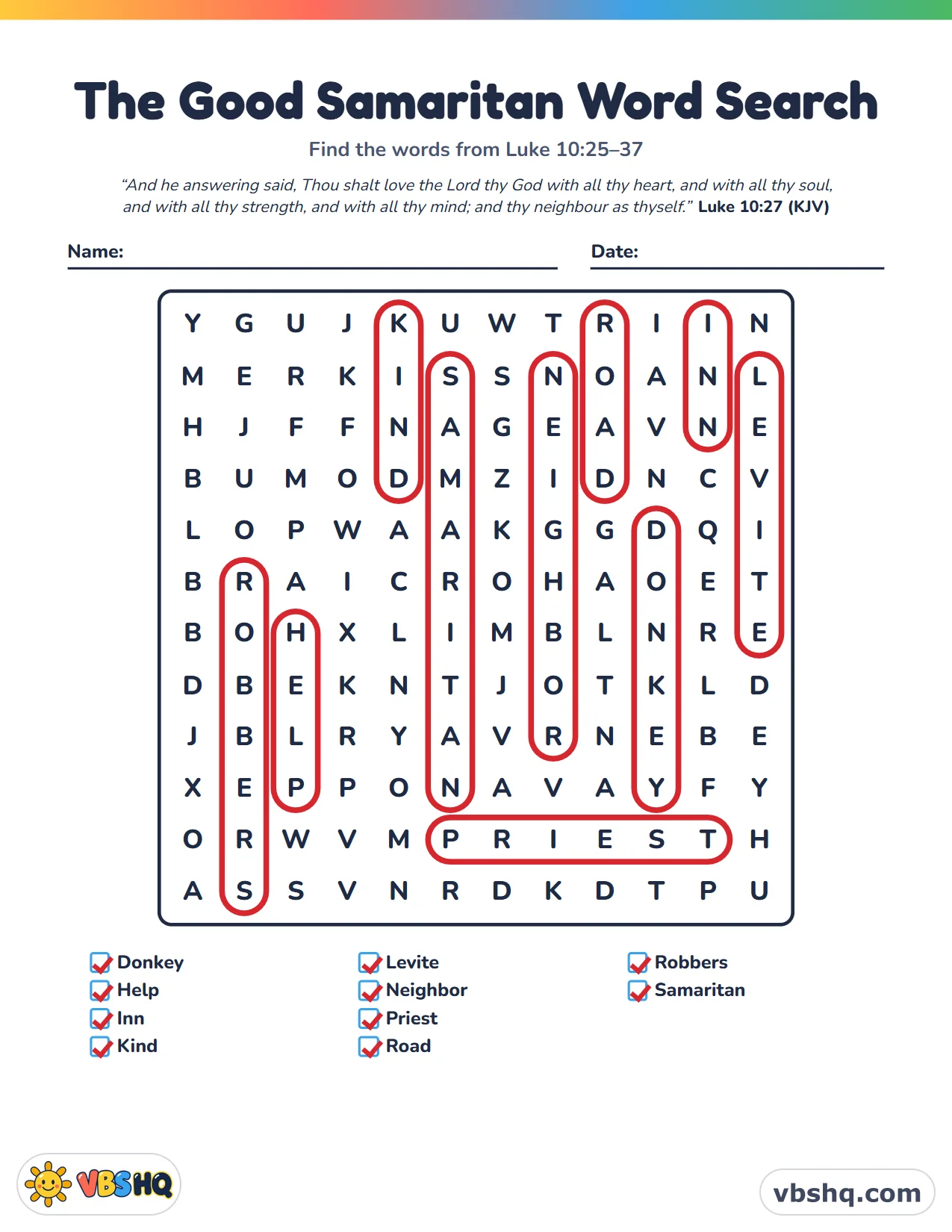 The Good Samaritan Word Search, completed