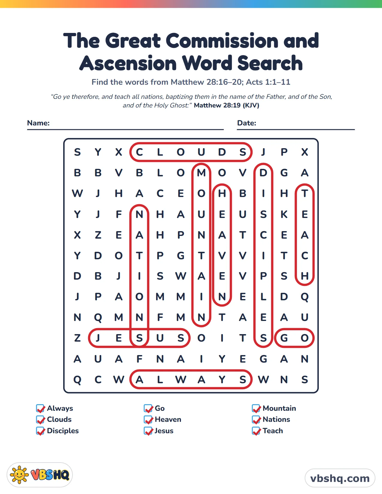 The Great Commission and Ascension Word Search, completed