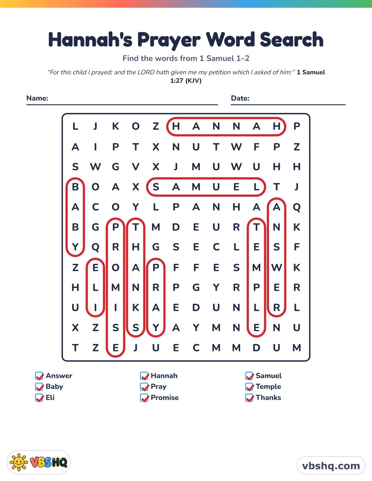 Hannah's Prayer Word Search, completed