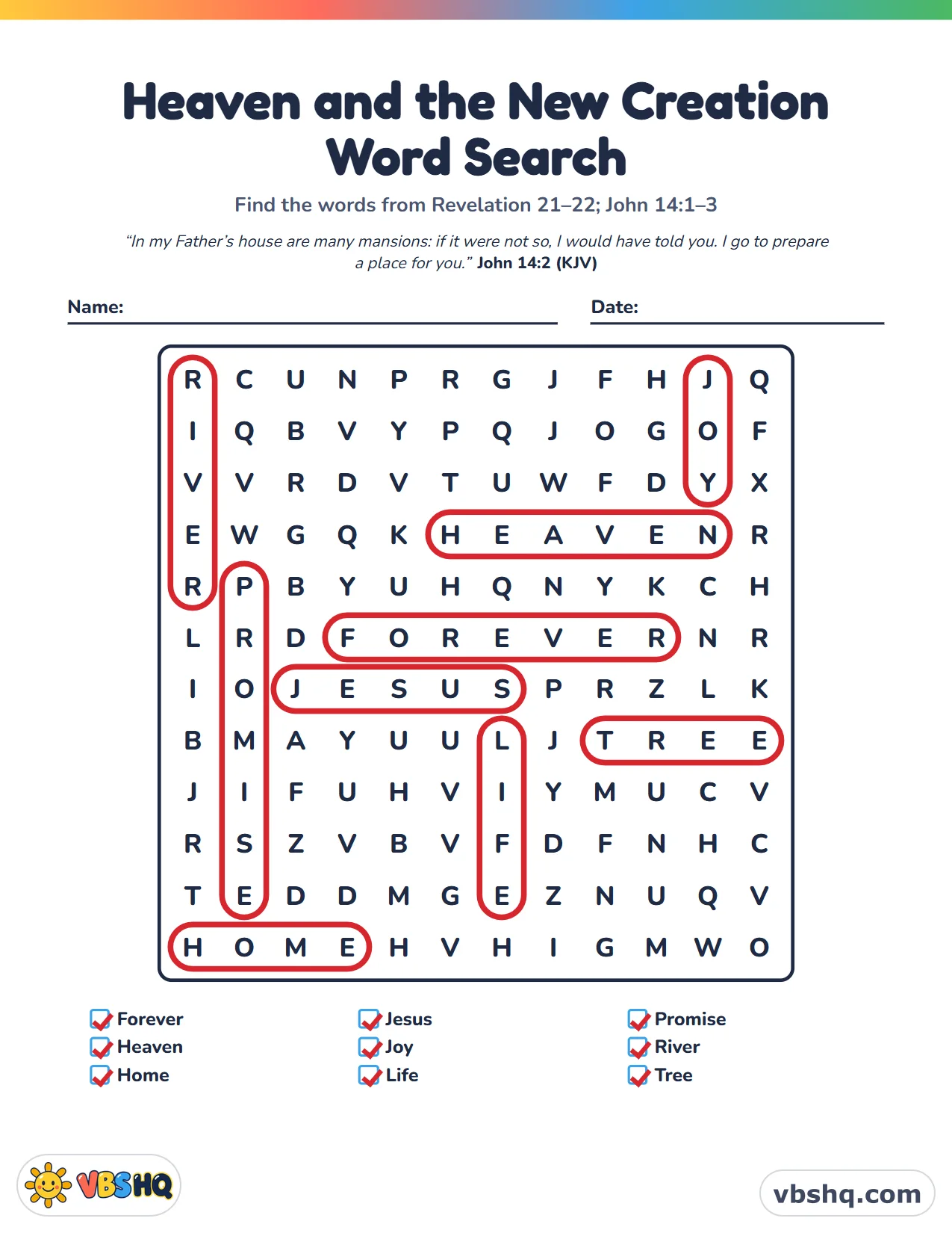Heaven and the New Creation Word Search, completed